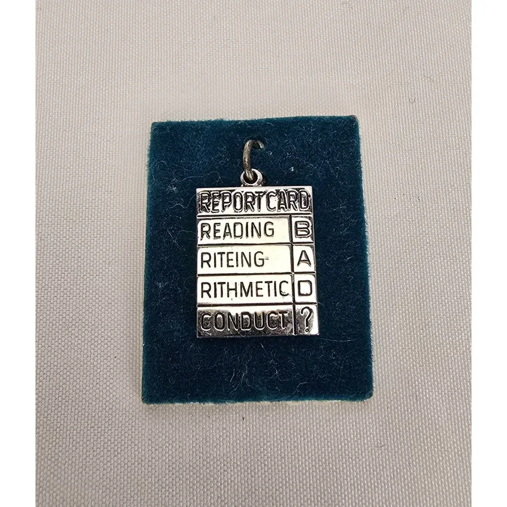 Vintage 60s 70s Sterling Silver Charm Pendant Funny Report Card School‎